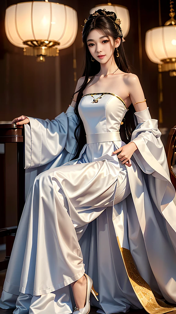 Girl in traditional Chinese clothing, Hanfu ,long black hair, black eyes, black bun hairstyle, hair accessories ,white diamond earrings, Bangle Diameter, Dia Necklace, Clear eyes, Facing forward,put on makeup, Long eyelashes ,(Long shoulder coat:1.5), (long white skirt:1.5), ((Whole body)), ((from below)), Clear face, Many long, thin white cloths , (Very beautiful face, Beautiful mouth, beautiful eyes), detailed face, ((Ultra-fine skin)), In the dark, deep shadows, an ancient Chinese girl (Very slim figure 1.3) ,Plump breasts, sexy slender legs elegant posture (smile brightly) (city night (neon light)) (nighttime ),