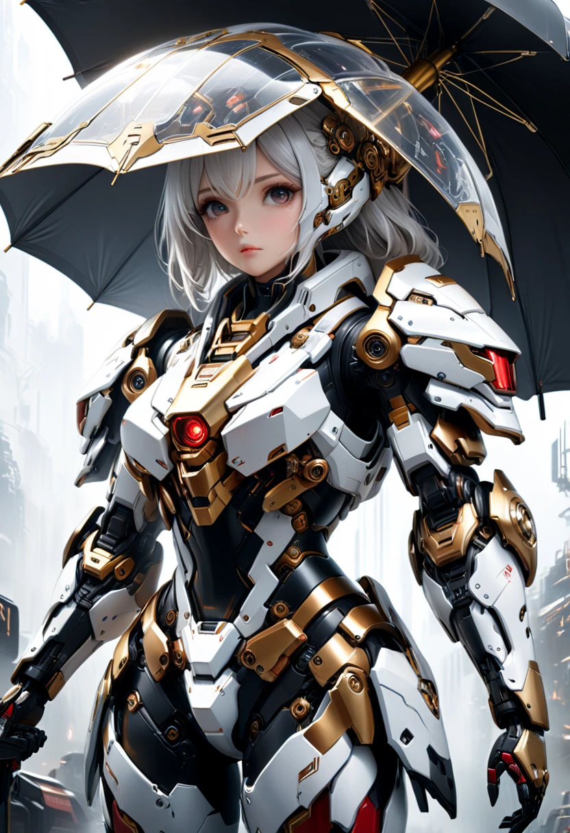 1女孩, 美丽的, 伞, (红色的, 金子, black and white 科幻 armor), 机甲元素, (最好的质量,4k,8千,高分辨率,杰作:1.2),极其详细,(实际的,photo实际的,photo-实际的:1.37),电影灯光, 戏剧氛围, 脸部和眼睛细节丰富, 复杂的机械细节, 未来派, 科幻, 概念艺术, 全身: 0.8