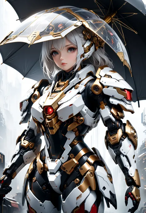 1girl, beautiful, umbrella, (red, gold, black and white sci-fi armor), mecha elements, (best quality,4k,8k,highres,masterpiece:1...