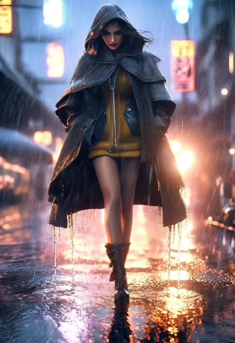 A detailed steampunk inspired illustration of a woman with an umbrella in her hand ((rainy day, street with puddles of water, he...