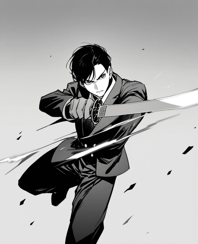 yuto-sano, 1garçon, Kaneki, cheveux noirs, costume noir, chemise blanche, armure,  élégant, Monochromes, seulement, niveaux de gris, foyer masculin, regarder le spectateur, pointer une épée, dynamique, Action