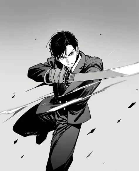 yuto-sano, 1boy, Kaneki, black hair, black suit, white shirt, armor,  elegant, monochrome, solo, greyscale, male focus, looking ...