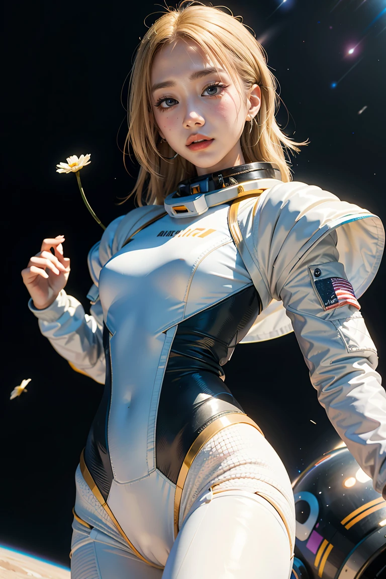 (best quality, masterpiece), 1girl, pose, particle, wind, flower, upper body, simple background, looking at viewer, blonde, galaxy, space suit, 