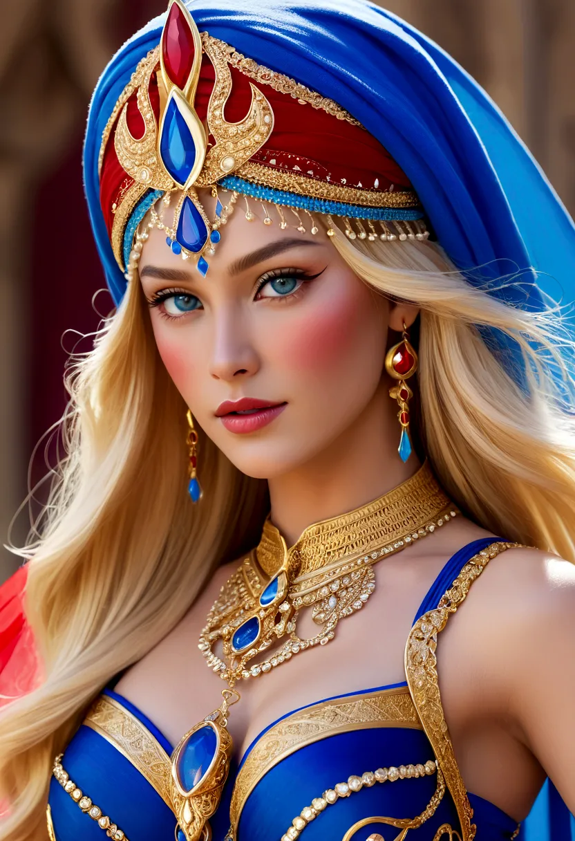 she-ra with blue turban headdress，she&#39;s wearing a belly dancing skirt，，golden boots，and long golden wrist guards that extend...