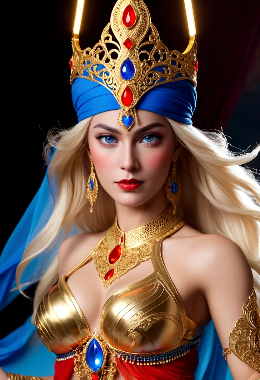 she-ra with blue turban headdress，she&#39;s wearing a belly dancing skirt，，golden boots，and long golden wrist guards that extend...