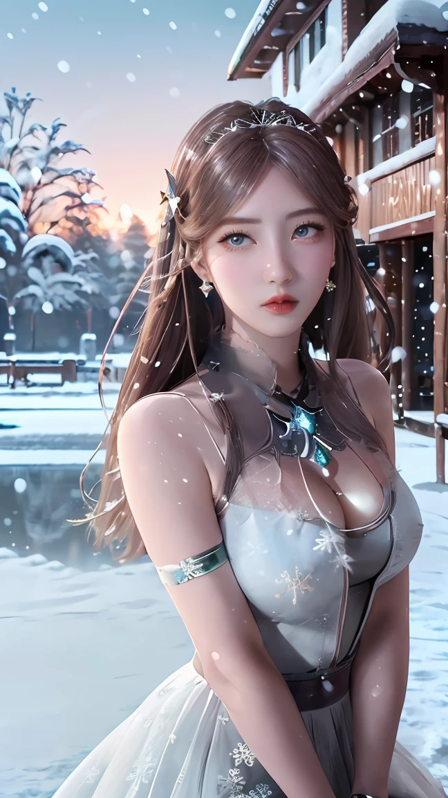 Ultra-realistic 8k CG, flawless, Clean, masterpiece, professional artwork, famous artwork, Cinema lighting, bloom, perfect face, pretty face, fantasy, dreamlike, illusory, Science fiction,   lace, lace trim, lace-trimmed legwear, luxurious, jewelry, diamond, Kaneko, pearl, gem, 蓝gem, 红gem, emerald, intricate details, Exquisite pattern, charming, Tempting, Tempting, disciple, enchanting, hair accessories, necklace, earrings, bracelet, armband,halo,autumn,huge breast,expose breast,expose breast,Expose cleavage，Expose cleavage，See the breasts，Show breasts，
((,1 girl, Throw,best quality, ))  , ((((1 girl, alone,outdoor, big breasts,,snowflakes,  snow, snowing,  plum bossom,  ))))
