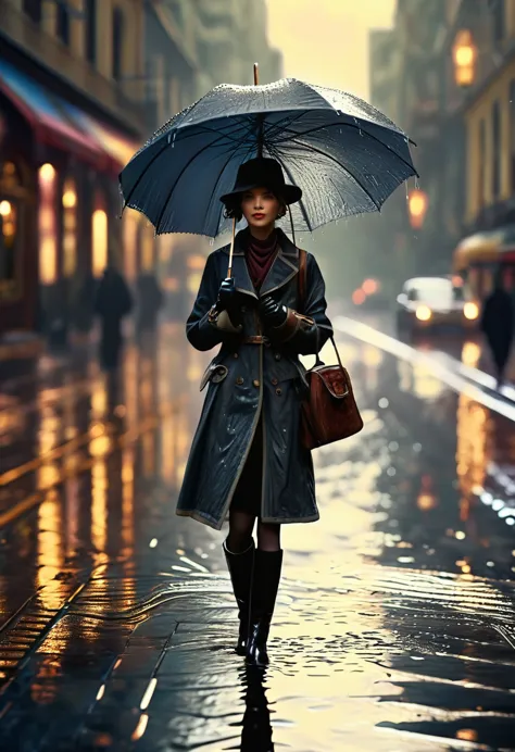 A detailed steampunk inspired illustration of ((a woman with an umbrella in her hand:1.6)), ((rainy day, street with puddles of ...