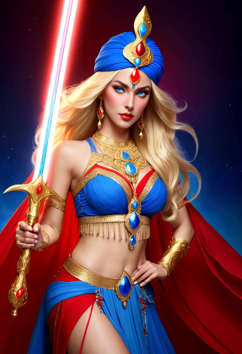 she-ra with blue turban headdress，she&#39;s wearing a belly dancing skirt，golden boots，。long blond hair，blue eyes and red lips。 ...