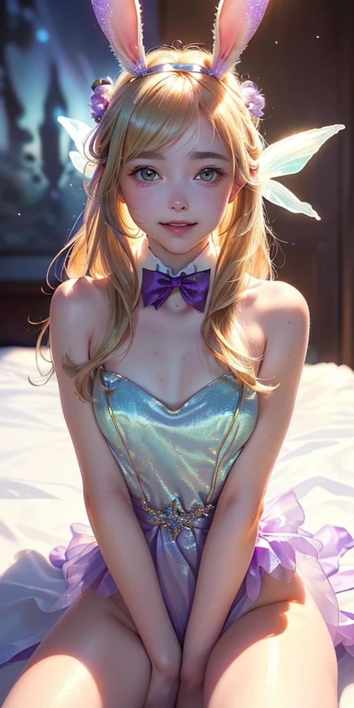 masterpiece, best quality, extremely detailed CG unity 8k wallpaper,((Upper Body)) ,((Upper Body head close-up shot of a beautiful little girl)), , Elegant Long straight blonde hair, (Mckenna Grace), ((flat chest,thighs,Autoluminescence skin)),Transparent (purple-green) golden (Glittering tutu,long Bunny Ear Headgear, , Bow-tie, No panties, genitals visible), ((sitting,spread legs)),(), (Blush), , (seductive smile), (A world of ice and snow), pretty face, key art, award winning, intricate detail realism hdr, by (ruan jia and artgerm and range murata), Photorealism, Hyperrealism, ultra realistic, dramatic light, intense shadows, gorgeous view, depth of field