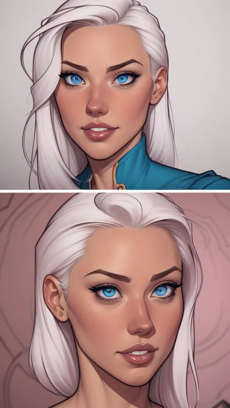 a drawing of a woman with white hair and blue eyes, artgerm portrait, style artgerm, drawn in the style of artgerm, in the style...