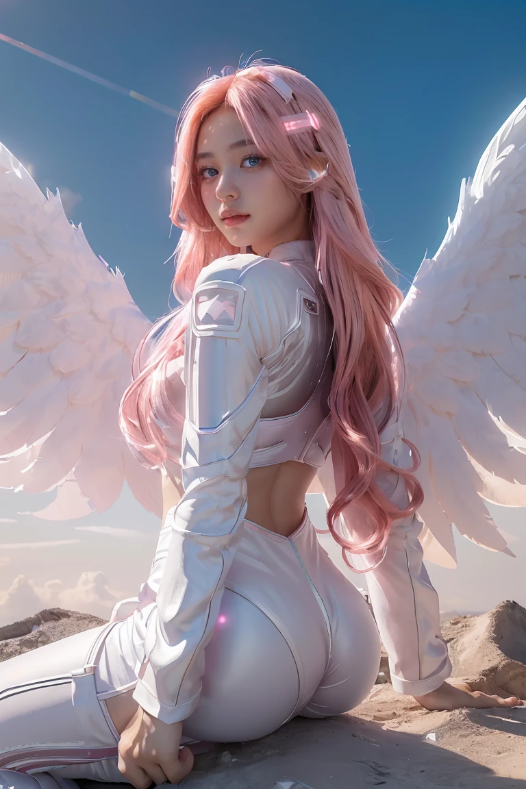 ((masterpiece, best quality, extremely detailed), volumetric lighting, ambient occlusion, colorful, glowing), 
1girl, solo, young girl, (pink hair), long hair, halo, aura, sacred, godness, cyber suit, (white outfit:1.3), android, bot, angel wings,
outdoors, sunset, sky, clouds, space, (cyberpunk theme:1.2),