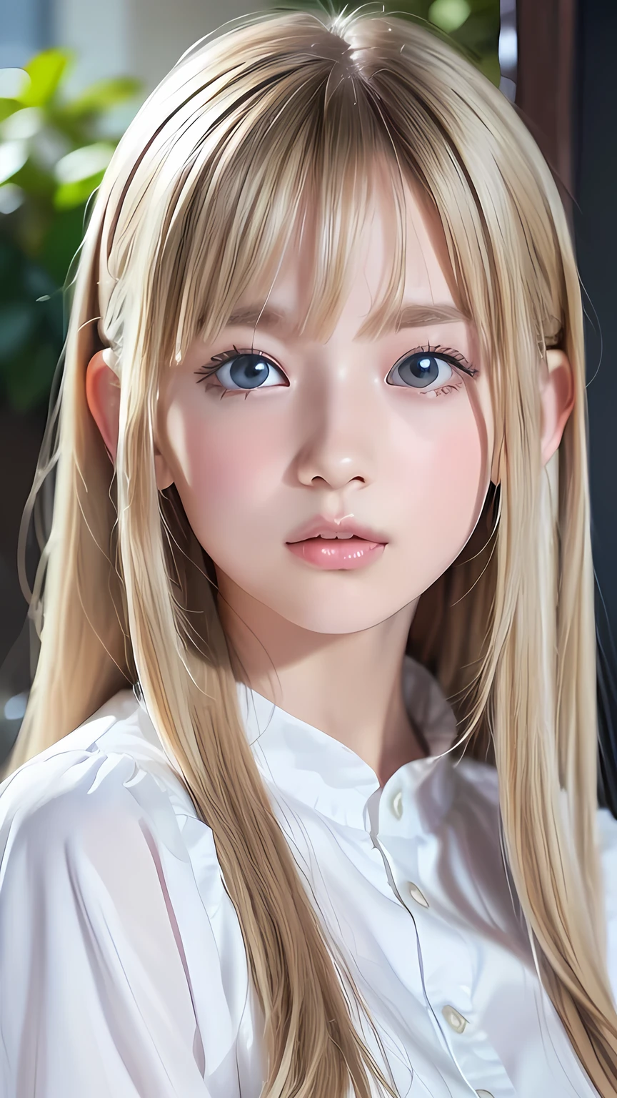 RAW Photos、(((A portrait of extreme beauty)))、((Snow-white skin))、1 girl、16 year old cute girl from Prague、((Shiny, bright, natural platinum blonde hair))、[Big bright blue eyes]、Silky fine hair、Super Long Straight Silky Hair、eyeliner、disheveled bangs above the eyes,、Bangs between the eyes、Fluttering bangs、((masterpiece、最high quality、Super detailed、Film Light、Intricate details、High resolution、8K、Very detailed))、Detailed Background、8K uhd、Digital SLR、Soft Light、high quality、Film Grain、Fujifilm XT3 、Shallow depth of field、Natural light、（Perfect hands）、Perfect beautiful face、Gentle expression、Shy expressioform、Small Face Beauty、Round face、Cheek gloss highlighter、