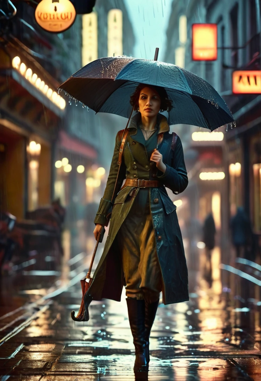 A detailed steampunk inspired illustration of ((a woman with an umbrella in her hand:1.6)), ((rainy day, street with puddles of water, heavy rain, wet clothes, skin texture, with water drops:1.5)), (Best Quality, 4k, 8k, high resolution, Masterpiece: 1.2), ultra detailed, sharp focus, (realist, photorealist, photo-realist: 1.37), (Masterpiece: 1.3), (Best Quality: 1.2), ( high quality: 1.1), (photorealist: 1.37), (extremely detailed: 1.2), (cinematic lighting: 1.2), (dramatic shadows: 1.2), (muted colors: 1.1), ,intense lighting,dramatic lighting,lighting change,cinematic lighting,chiaroscuro lighting,dramatic shadows,dramatic moments,vivid colors,intense colours,deep contrast,cinematic depth of field,cinematographic composition,angle cinema camera