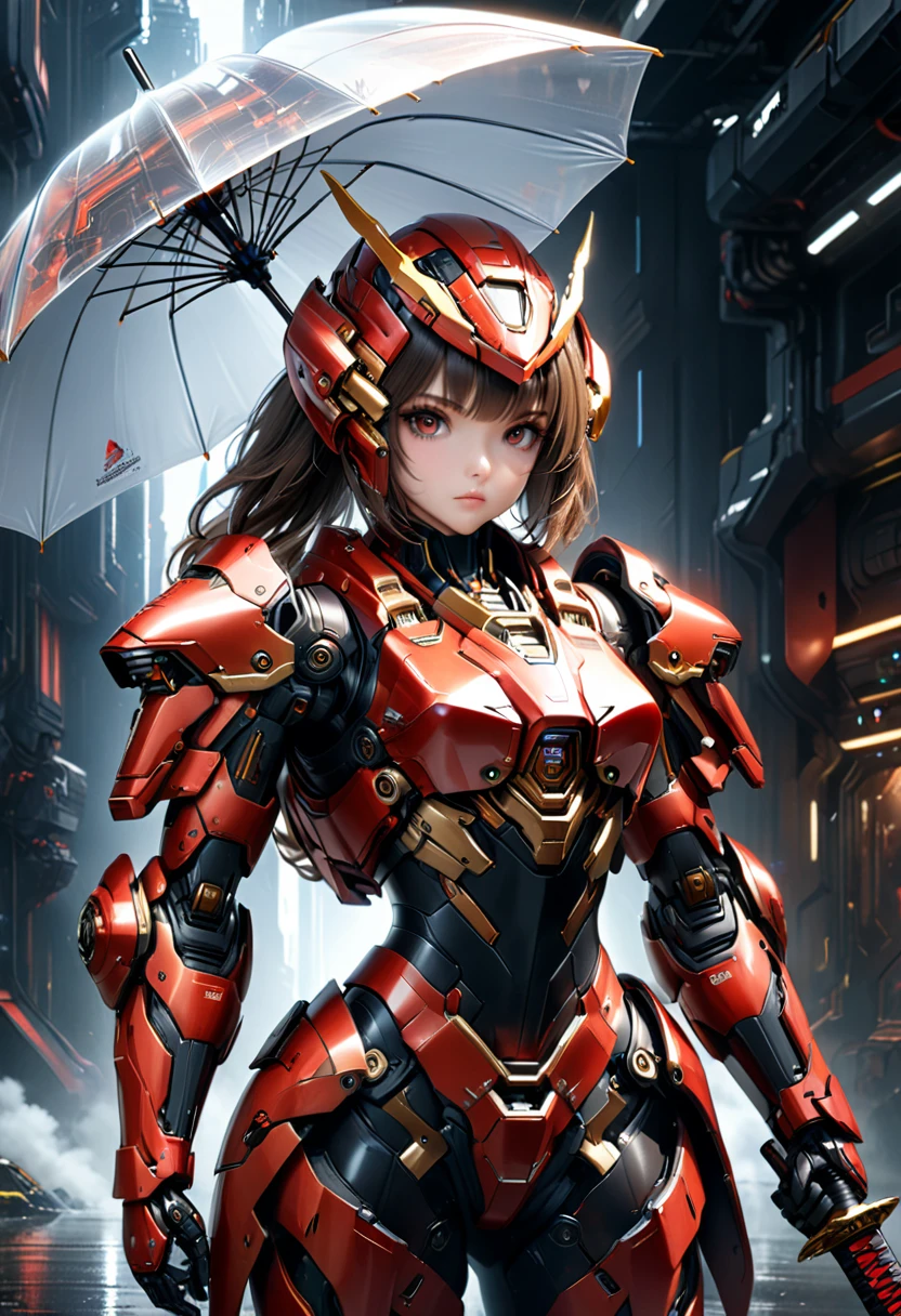 여자 1명, 아름다운, ((우산과 사이버 카타나를 들고)), (하얀색, 금, black and red 공상과학 armor), 메카 요소, (최고의 품질,4K,8K,고등어,걸작:1.2),매우 상세한,(현실적인,photo현실적인,photo-현실적인:1.37),시네마틱 조명, 극적인 분위기, 매우 상세한 얼굴과 눈, 복잡한 기계적 세부 사항, 미래 지향적인, 공상과학, 컨셉 아트, 전신: 0.8