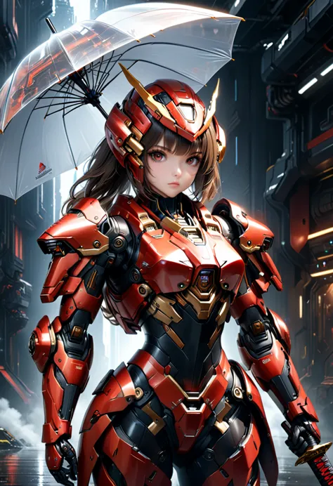 1girl, beautiful, ((holding an umbrella and cyber katana)), (white, gold, black and red sci-fi armor), mecha elements, (best qua...