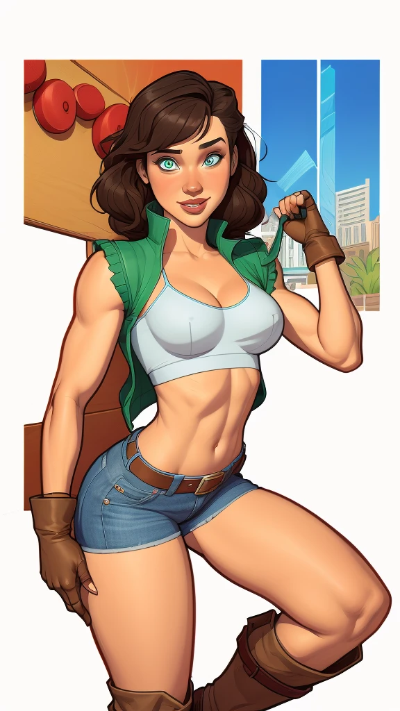 cartoon style:1.2), Brazilian cartoon image of a woman , sensual clothes , super cute girl, authoritarian would be facial expressioncartoon style illustration, cartoon art style, cartoon art style, digital illustration style, highly detailed character design, cute detailed digital art, City fan art, portrait character design, beautiful digital illustration, high-quality portrait, comic book art, character design portrait, white background Buso without clothes and medium breasts, beautiful and symmetrical body curvesJennifer Connelly , , white bra, green vest, sleeveless, へそ, blue jeans, Brown boots, gloves fingerless, short gloves, slightly-smile, shorth hair, wavy hair, parted bangs, blue colored eyes, wart under the right eye, old american west, sunny desert background, waist belt, best quality, Obra de arte Jennifer Connelly