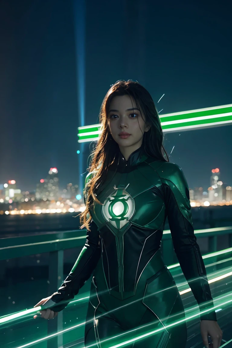 Scene from the movie, Woman dressed as Green Lantern from DC, extremely detailed, futuristic cityscape, nighttime, glowing neon lights, smoke, sparks, metal shavings, flying debris, blue energy effects, volumetric light