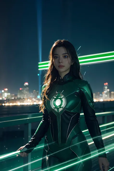 Scene from the movie, Woman dressed as Green Lantern from DC, extremely detailed, futuristic cityscape, nighttime, glowing neon ...