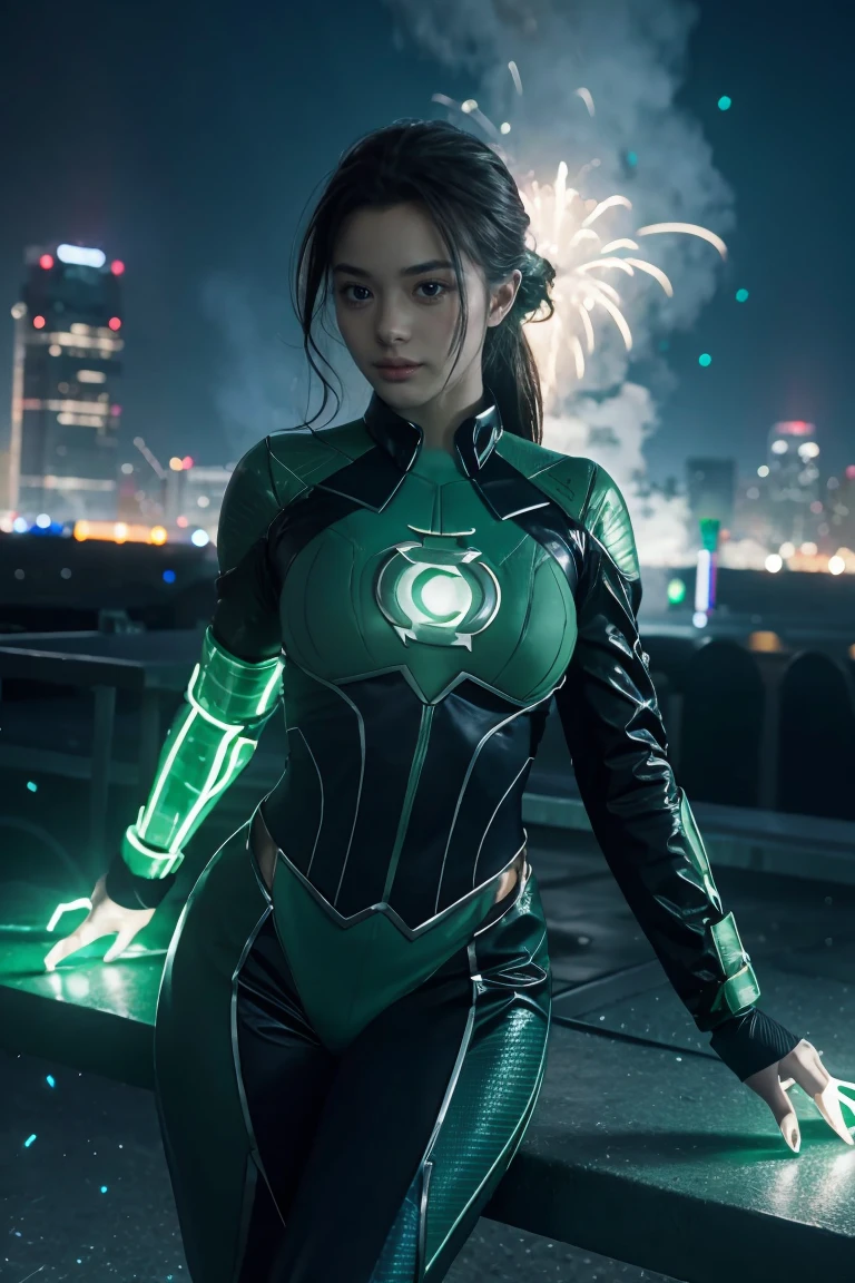 Scene from the movie, Woman dressed as Green Lantern from DC, extremely detailed, futuristic cityscape, nighttime, glowing neon lights, smoke, sparks, metal shavings, flying debris, blue energy effects, volumetric light