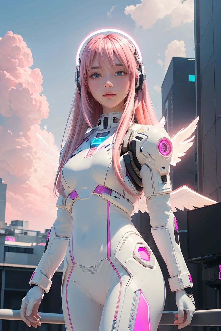 ((masterpiece, best quality, extremely detailed), volumetric lighting, ambient occlusion, colorful, glowing), 
1girl, solo, young girl, (pink hair), long hair, halo, aura, sacred, godness, cyber suit, (white outfit:1.3), android, bot, angel wings,
outdoors, sunset, sky, clouds, space, (cyberpunk theme:1.2),