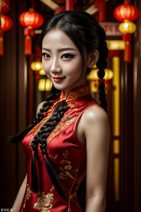 The eyes are very delicate，Silicon doll, a beautiful girl with double braids wearing a sexy cheongsam，Chinese New Year Decoratio...