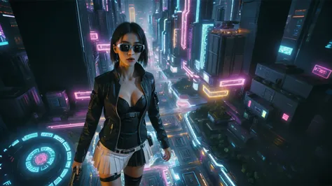 cyberpunk female plagiarist immersed in digital theft, neon-lit alias within a vast online labyrinth, grotesque grunge brushing ...