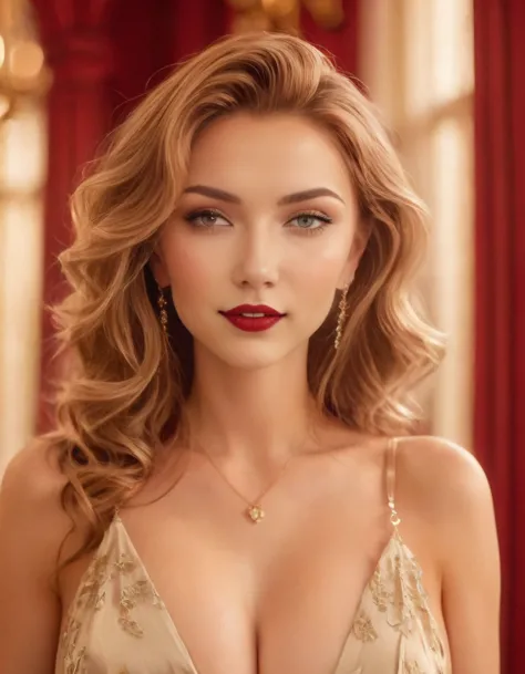 a stunning woman, smiling, with (short:1.6), wavy, red hair styled in vintage curls stands in an opulent, warmly lit room. she w...