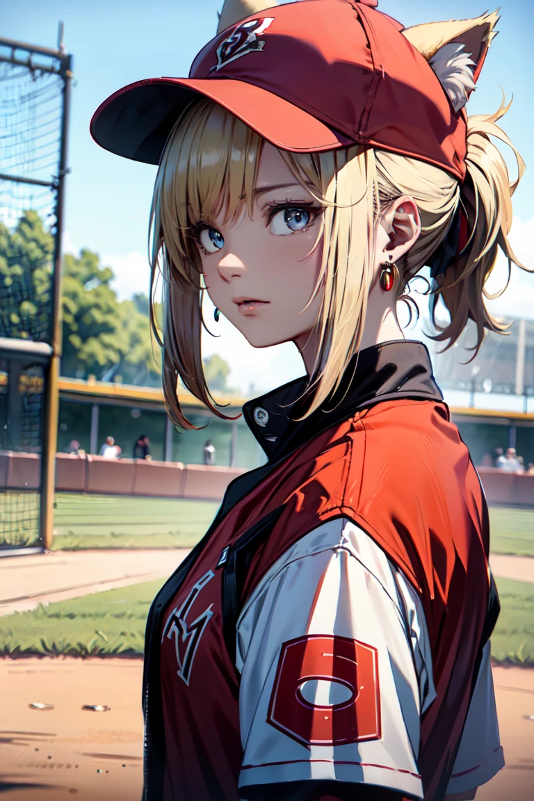 ((En el campo de béisbol con el gato.)),((orejas de gato)), ((Sin mangas)),((Gorra de béisbol roja vino)),((Vistiendo un uniforme de béisbol rojo vino.))、((chaqueta roja))、 pelo rubio, 短めcola de caballo, (pelo rubio, corto,cola de caballo), Pale blue eyes,boca cerrada、Aretes de aro, joyas,(mejor calidad, 8K, pintura al óleo, obra maestra:1.2), Súper detallado, (Realism, Él&#39;s fotorrealista:1.37), (((tiro de busto))),