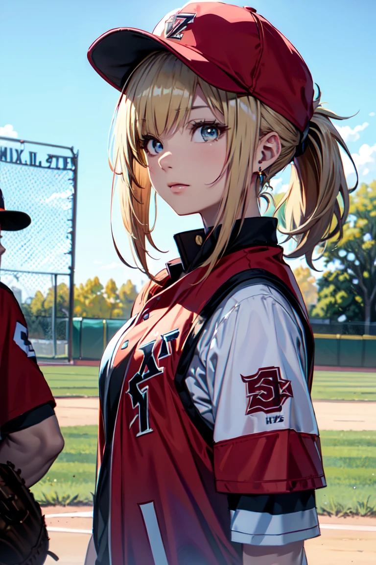 ((At the baseball field with the cat)),((Cat ears)), ((Sleeveless)),((Wine Red Baseball Cap)),((Wearing a wine red baseball uniform))、((Red jacket))、 Blonde Hair, 短めponytail, (Blonde Hair, short,ponytail), Pale blue eyes,Closed Mouth、Hoop Earrings, Jewelry,(Best Quality, 8k, Oil painting, Mastepiece:1.2), Super detailed, (Realism, It&#39;s photorealistic:1.37), (((Bust Shot))),