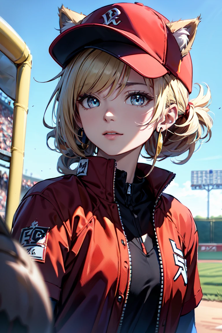 ((En el campo de béisbol con el gato.)),((orejas de gato)), ((Sin mangas)),((Gorra de béisbol roja vino)),((Vistiendo un uniforme de béisbol rojo vino.))、((chaqueta roja))、 pelo rubio, 短めcola de caballo, (pelo rubio, corto,cola de caballo), Pale blue eyes,boca cerrada、Aretes de aro, joyas,(mejor calidad, 8K, pintura al óleo, obra maestra:1.2), Súper detallado, (Realism, Él&#39;s fotorrealista:1.37), (((tiro de busto))),