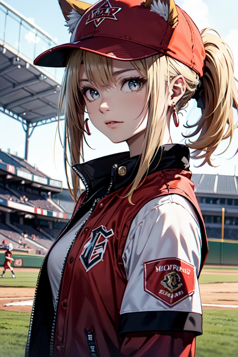 ((En el campo de béisbol con el gato.)),((orejas de gato)), ((Sin mangas)),((Gorra de béisbol roja vino)),((Vistiendo un uniforme de béisbol rojo vino.))、((chaqueta roja))、 pelo rubio, 短めcola de caballo, (pelo rubio, corto,cola de caballo), Pale blue eyes,boca cerrada、Aretes de aro, joyas,(mejor calidad, 8K, pintura al óleo, obra maestra:1.2), Súper detallado, (Realism, Él&#39;s fotorrealista:1.37), (((tiro de busto))),