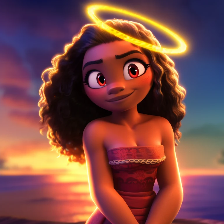 Moana, strapless tight dress, cleavage, curly hair, halo, sunglasses, jewelry, red eyes, longeyelashes, red eyes, smile, shy, blush, high detail, masterpiece, UHD, anatomically correct, super detail, highres, 4K