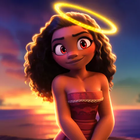 Moana, strapless tight dress, cleavage, curly hair, halo, sunglasses, jewelry, red eyes, longeyelashes, red eyes, smile, shy, bl...