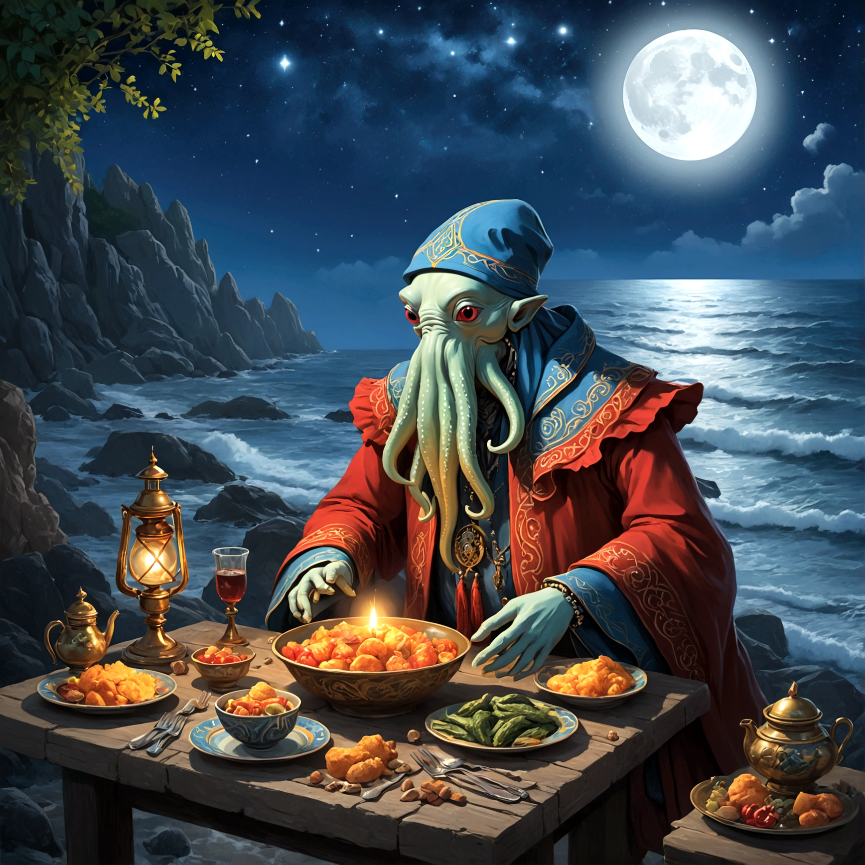 Clair de lune sur la côte rocheuse２Illuminez Cthulhu tête-à-corps, , Rêves d&#39;été sous les étoiles, Vaisselle russe, de l&#39;épaule, Très coloré,
 La meilleure improvisation,  ((Mardochée - Style Ardonien!)), ((détail parfait de tout le corps)), L&#39;art simple de la magie, primitivisme, 原核né物, cramoisi/Un
, ((la plus haute qualité, chef-d&#39;œuvre)), ((Les moindres détails)), né:1,1, 8k