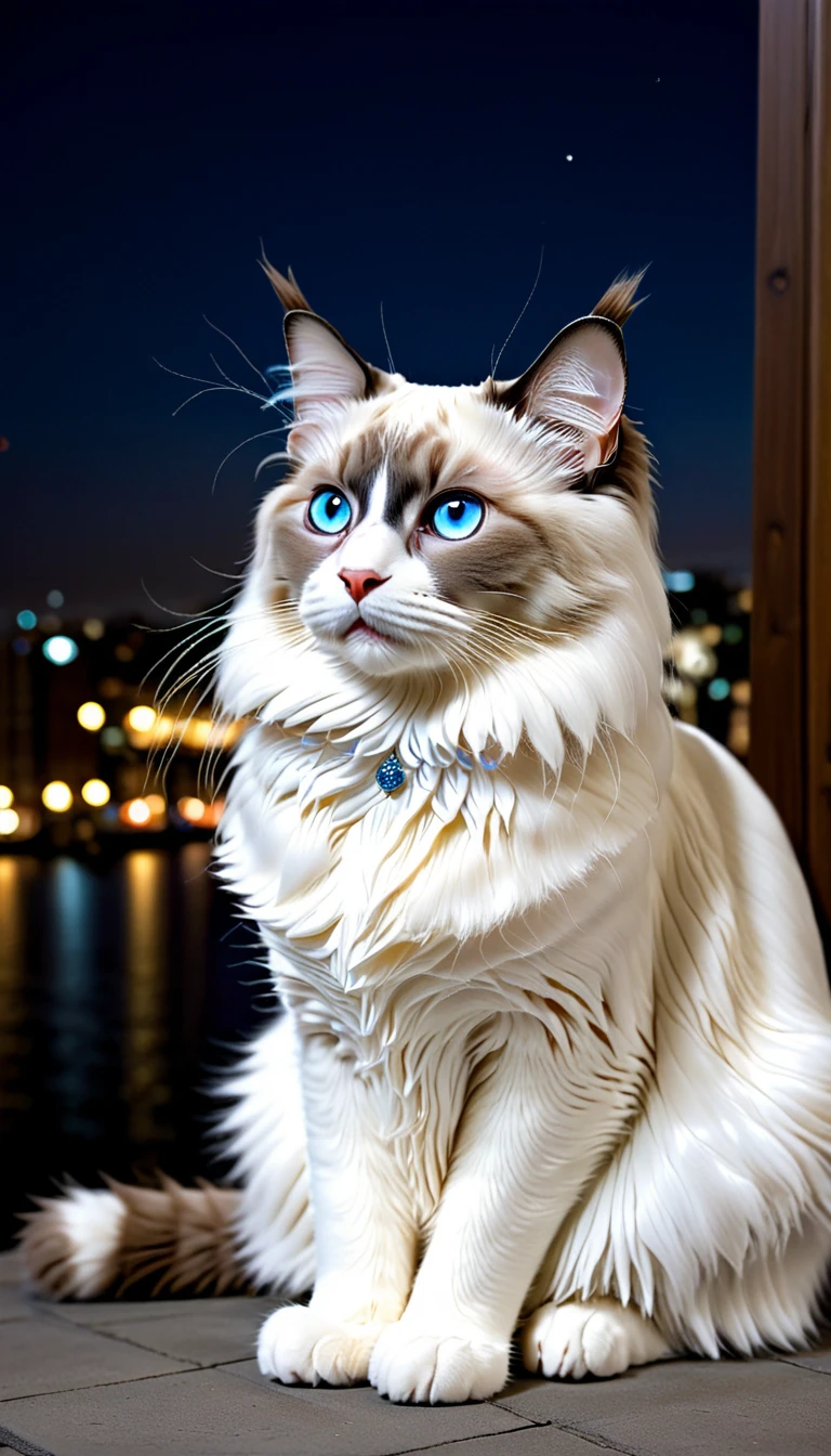 No hay nadie, foto realista, realismo fotográfico, realism, Ragdoll (Ragdoll) gato, composición perfecta, intrigatoe details, muy afilado, obra maestra, perfil, Alta resolución, Foto de cuerpo completo en vista nocturna de la ciudad.