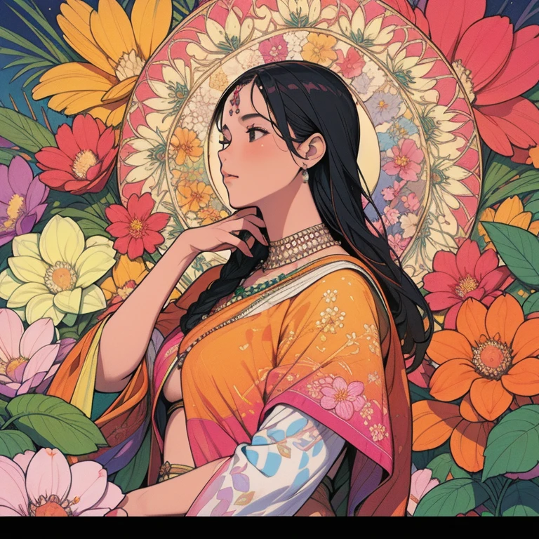 "masterpiece:1.2,High resolution,Official artwork,Beautiful details:1.2,Accentuate her upper body.Indian girl surrounded by flowers,Very detailed,Colorful and vibrant scene.This piece shows the beauty of fractal art.:1.3. In as complex and detailed a way as possible."