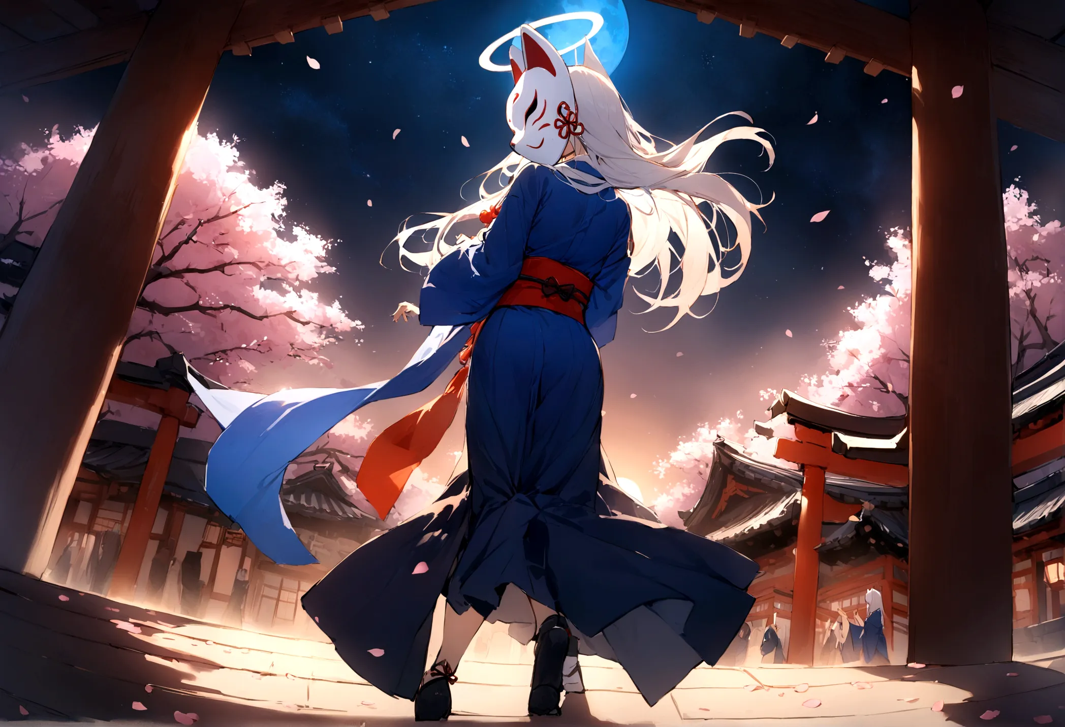 back view、halo、shrine、(masterpiece, best quality:1.2), 1girl, 独奏,wolf girl, fox mask, ninja, girl, long white hair, odd eyes, bl...