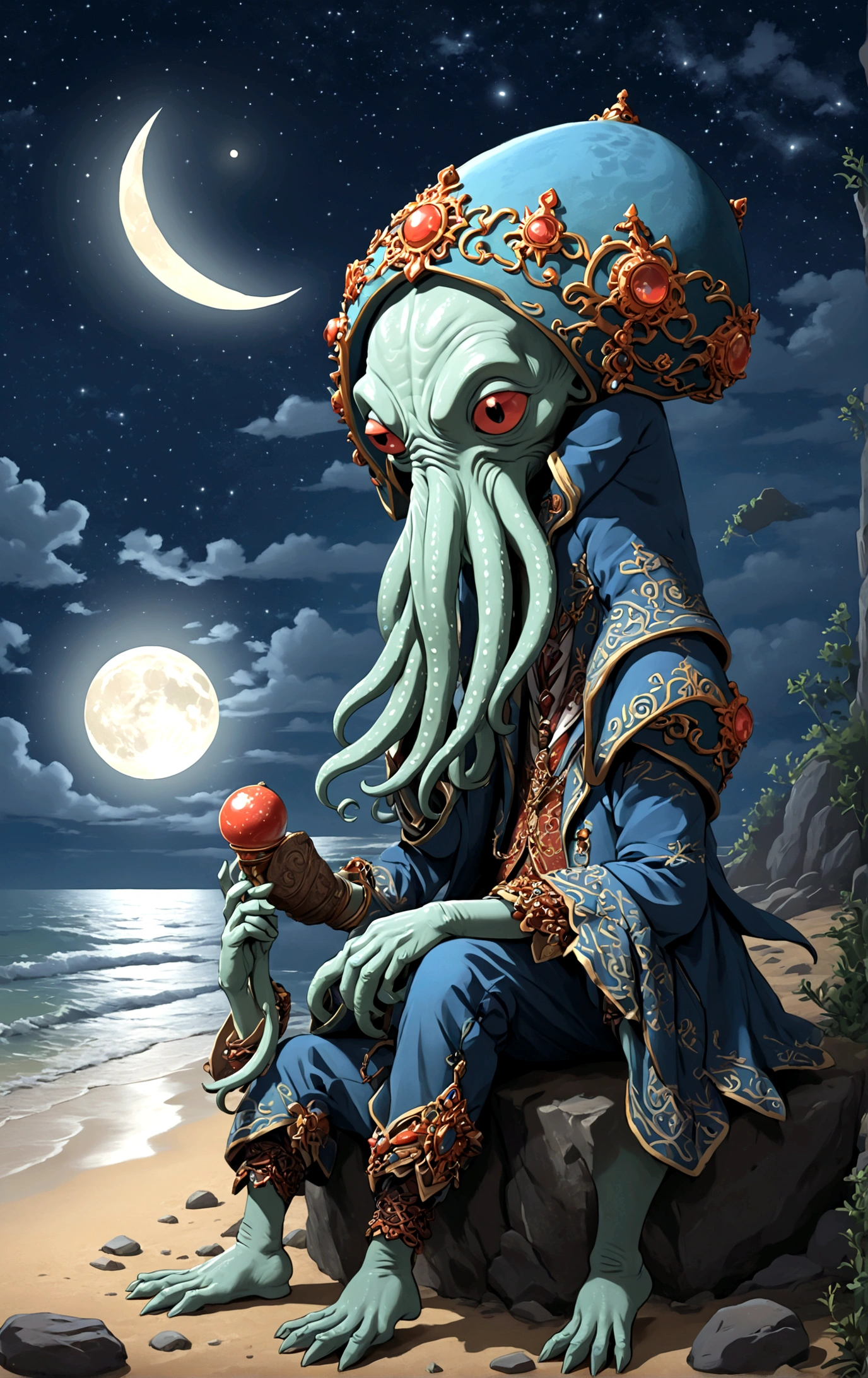 Clair de lune sur la côte rocheuse２Illuminez Cthulhu tête-à-corps, , Rêves d&#39;été sous les étoiles, Vaisselle russe, de l&#39;épaule, Très coloré,
 La meilleure improvisation,  ((Mardochée - Style Ardonien!)), ((détail parfait de tout le corps)), L&#39;art simple de la magie, primitivisme, 原核né物, cramoisi/Un
, ((la plus haute qualité, chef-d&#39;œuvre)), ((Les moindres détails)), né:1,1, 8k