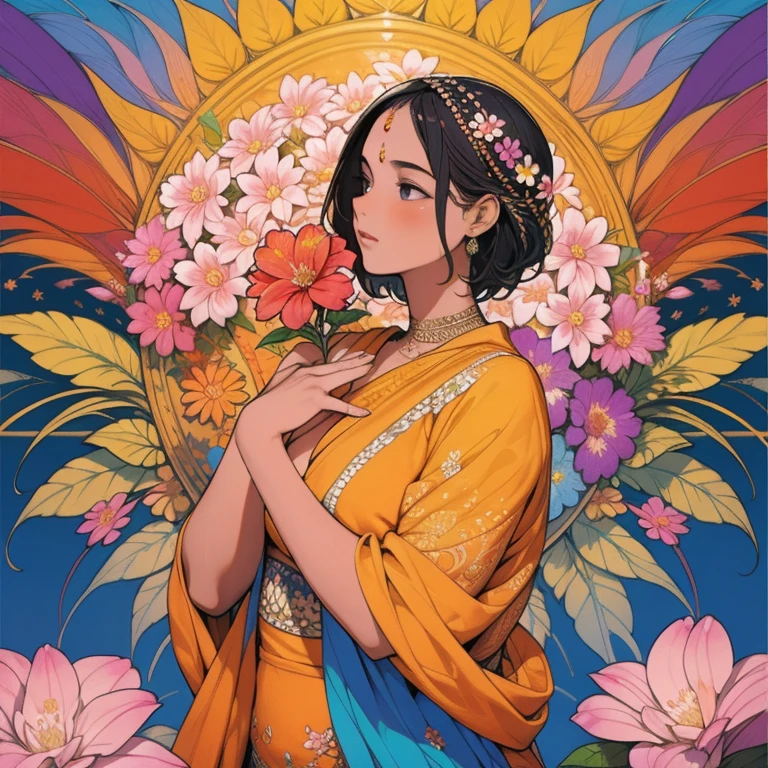 a beautiful indian girl surrounded by a single flower, highly detailed, vibrant and lively scene, emphasizing her upper body, masterpiece:1.2, high resolution, mathematical artwork, beautiful details:1.2, extremely detailed, colorful and dynamic scene, representing the beauty of fractal art:1.3, as complex and detailed as possible
