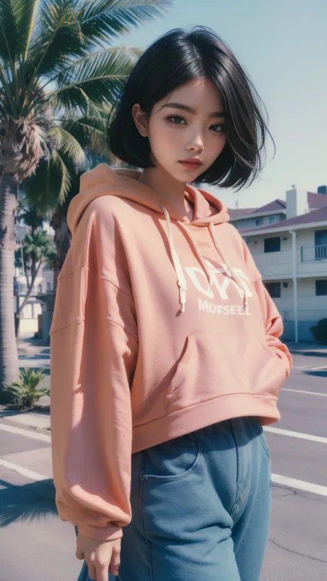 8k, 1girl, uhd,beautiful, black bob hairstlye, ((orange oversize hoodie)), oversize_shirt, sweatpants, evening light,，taking a w...