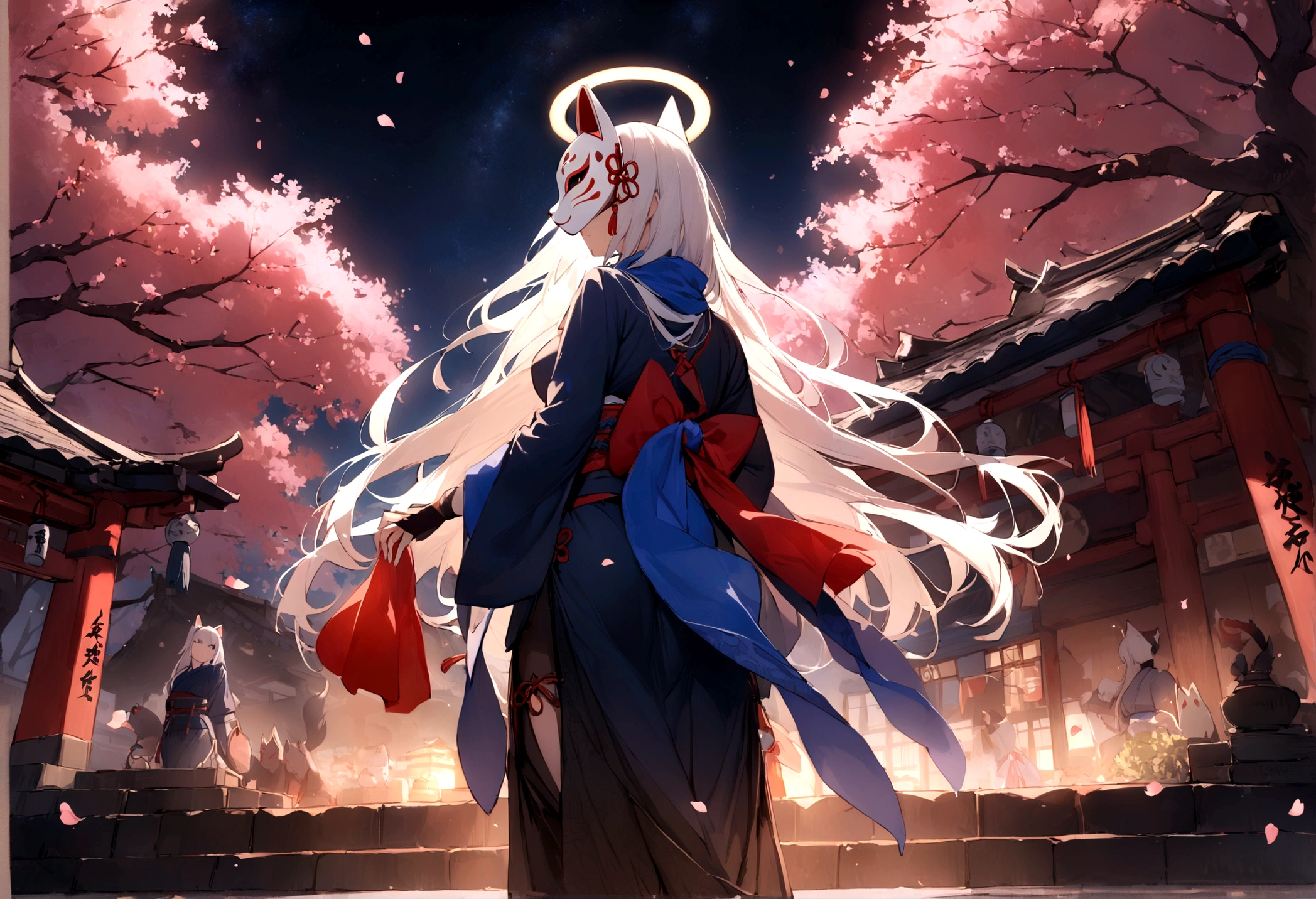 Back view、Halo、shrine、(masterpiece, best quality:1.2), 1girl, 独奏,Wolf girl, fox mask, ninja, girl, long white hair, odd eyes, blue kimono, ninja girl, red and blue scarf,Dancing Cherry Blossoms,Full moon backlighting, light coming in, fantastic atmosphere.night、Shadows of light and darkness、Eyes glowing in the dark、Black fox mask、Fisheye Lens、Expansive starry sky、long hair that spreads、Looking up from afar、Overlooking the city from atop a large cherry tree、