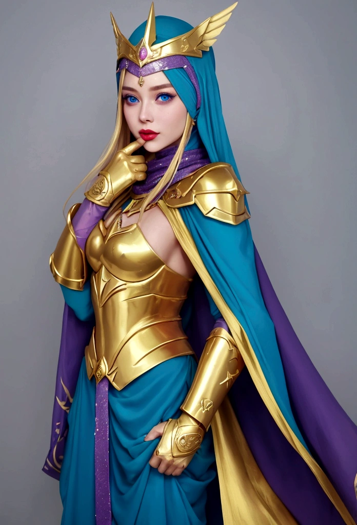 She-Ra has a winged tiara and a blue turban headdress，She was wearing a short green dress decorated with metallic patterns.，And a red cape，Golden boots，and long golden wrist guards that extend from the elbow to the wrist。Long blond hair，blue eyes and red lips。 She carries a sword，A purple veil with crystals in the middle covers her face