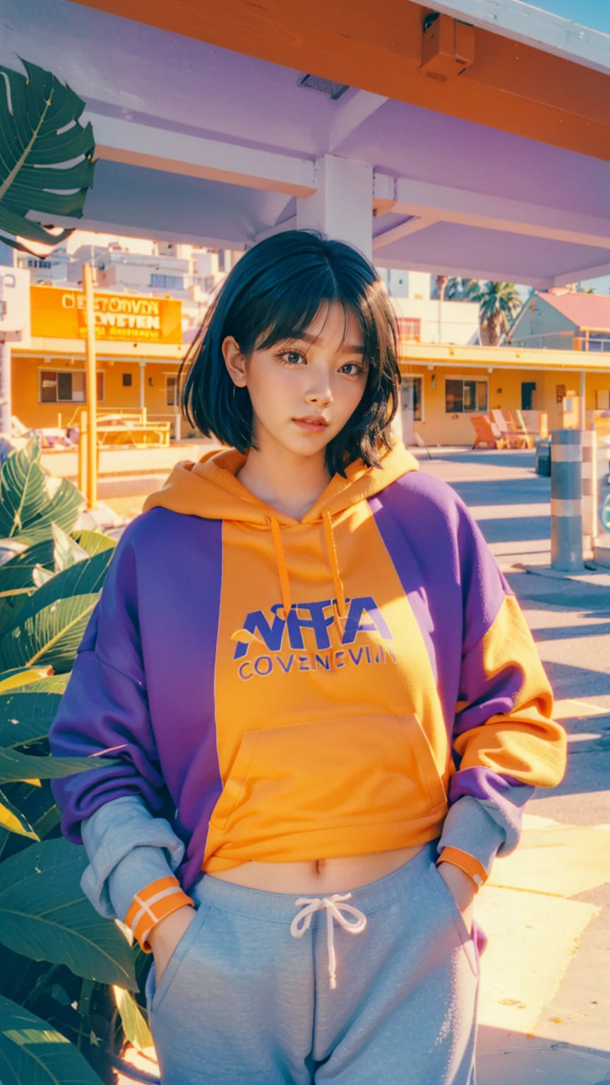 8K, 1 garota, Ultra HD,lindo, penteado bob preto, ((orange tamanho grande hoodie)), tamanho grande_camisa, Moletom, luz da noite,，Caminhando，calças roxas, olhe para o visualizador, (((80's architecture colorful motel))) ,perfect lindo face,nariz perfeito,olhos perfeitos, lábios perfeitos kodak gold 200 fisheye-8mmlens-v2exp ,25 anos, coreano fofo, ((corpo perfeito peituda)) Rosto Perfeito, Filme 35mm,Palmeiras, céu azul, Verão ensolarado, vibrações de Los Angeles (fotorrealista:1.2), (ultra realistic:1.3), (Muito detalhado:1.1), ((obra de arte))