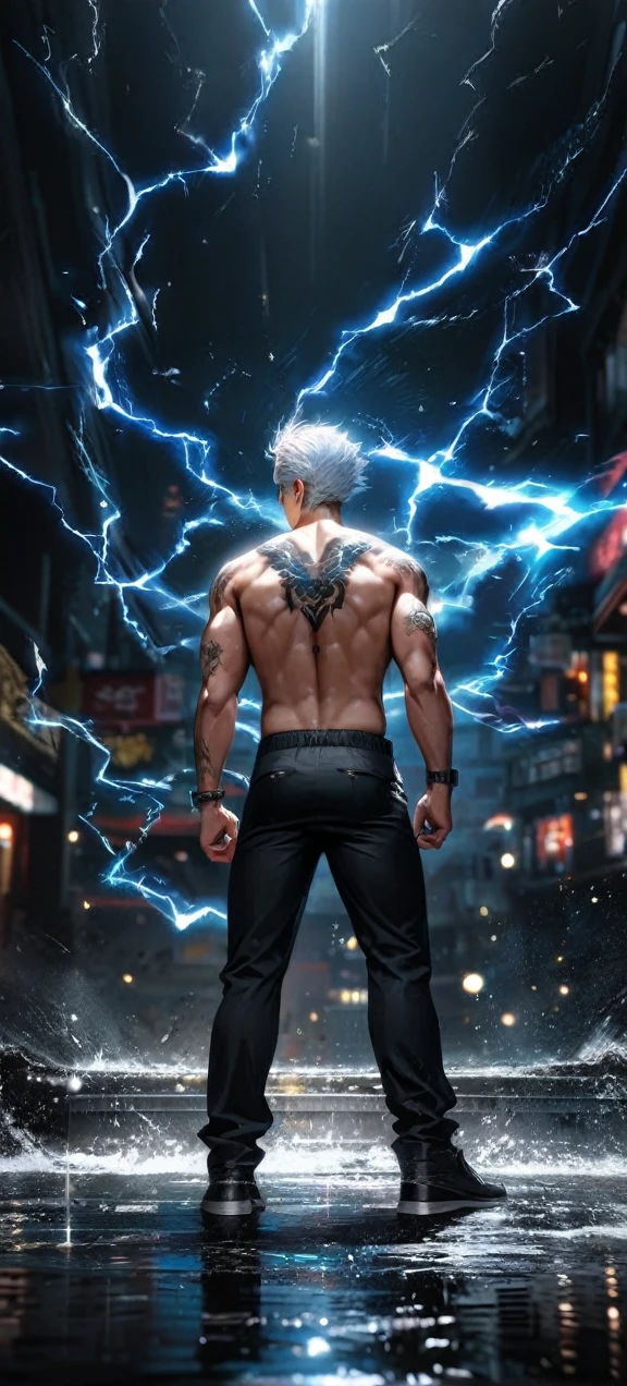  Far view,High quality, ultra realistic,absurdres, highres, ultra detailed, HDR, masterpiece, extremely detailed face and eyes, a cool topless yakuza fighter, cool back pose, dragon on back, cool tatto on chest , ,, cool white hair , solo, ,man, handsome, , ,explosive effect , ,black lightning  effect,glowing glitters ,  symetrical , full body view