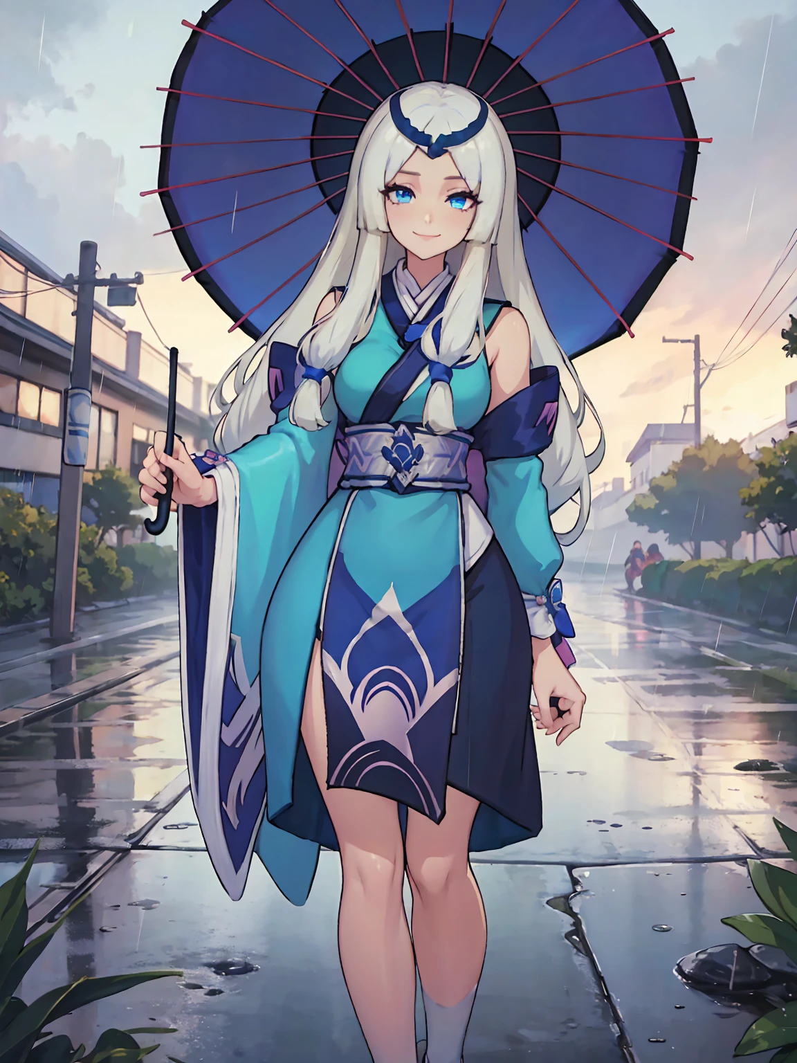 masterpiece, UHD, 4k, highres, ultra highres, hd, best quality, anime screencap, lineart, (1girl), solo, white hair, hair ornament, long hair, blue eyes, bright pupils, sparkling eyes, smile, (holding umbrella), rain, rainy weather, rain drops, kagura from mobile legends, full body, full body shot, cold colors, 