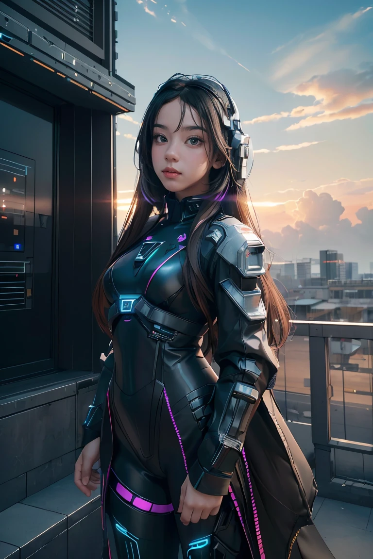 ((masterpiece, best quality, extremely detailed), volumetric lighting, ambient occlusion, colorful, glowing), 
1girl, solo, young girl, (dark hair), long hair, halo, aura, sacred, godness, cyber suit, (black outfit:1.3), android, bot, cybernetic wings,
outdoors, sunset, sky, clouds, space, (cyberpunk theme:1.2),