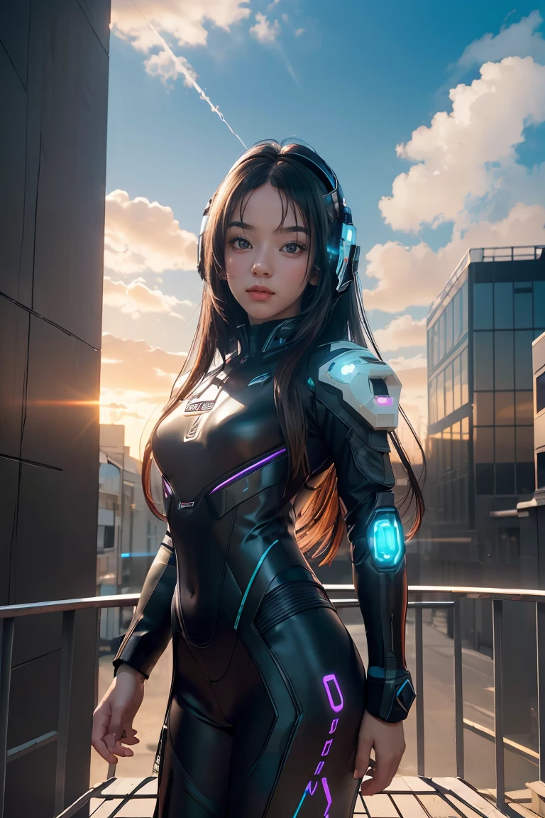 ((masterpiece, best quality, extremely detailed), volumetric lighting, ambient occlusion, colorful, glowing), 
1girl, solo, young girl, (dark hair), long hair, halo, aura, sacred, godness, cyber suit, (black outfit:1.3), android, bot, cybernetic wings,
outdoors, sunset, sky, clouds, space, (cyberpunk theme:1.2),