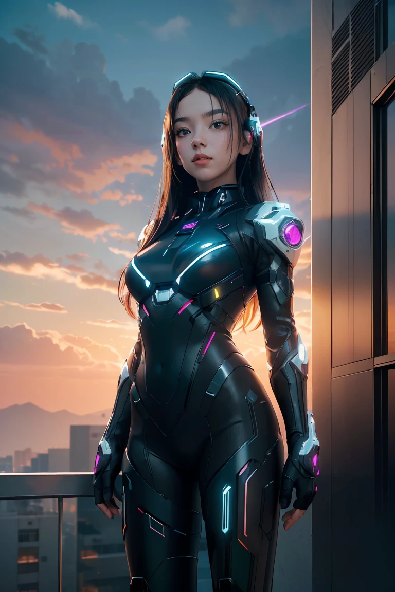 ((masterpiece, best quality, extremely detailed), volumetric lighting, ambient occlusion, colorful, glowing), 
1girl, solo, young girl, (dark hair), long hair, halo, aura, sacred, godness, cyber suit, (black outfit:1.3), android, bot, cybernetic wings,
outdoors, sunset, sky, clouds, space, (cyberpunk theme:1.2),