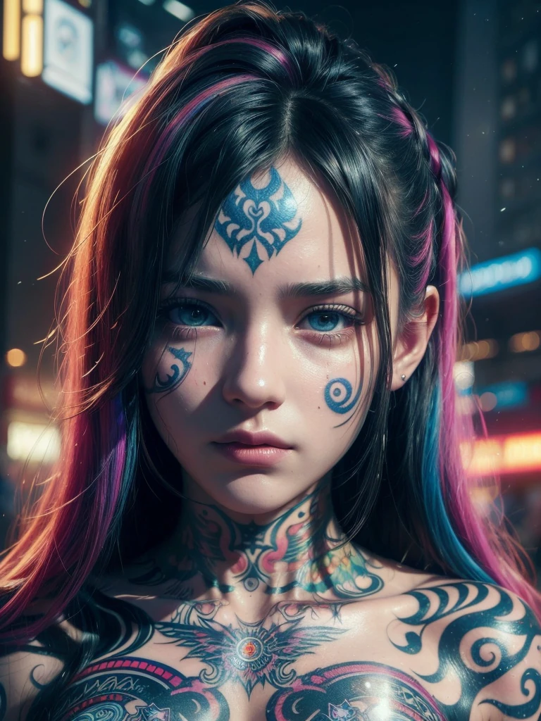 Hyperrealistic portrait of a 18 year old girl with intense gaze, intricate facial tattoos, colorful hair, and vibrant lighting. Set against a dystopian cityscape background, reminiscent of cyberpunk art. Masterpiece digital artwork by Greg Rutkowsky and Hayao Miyazaki.