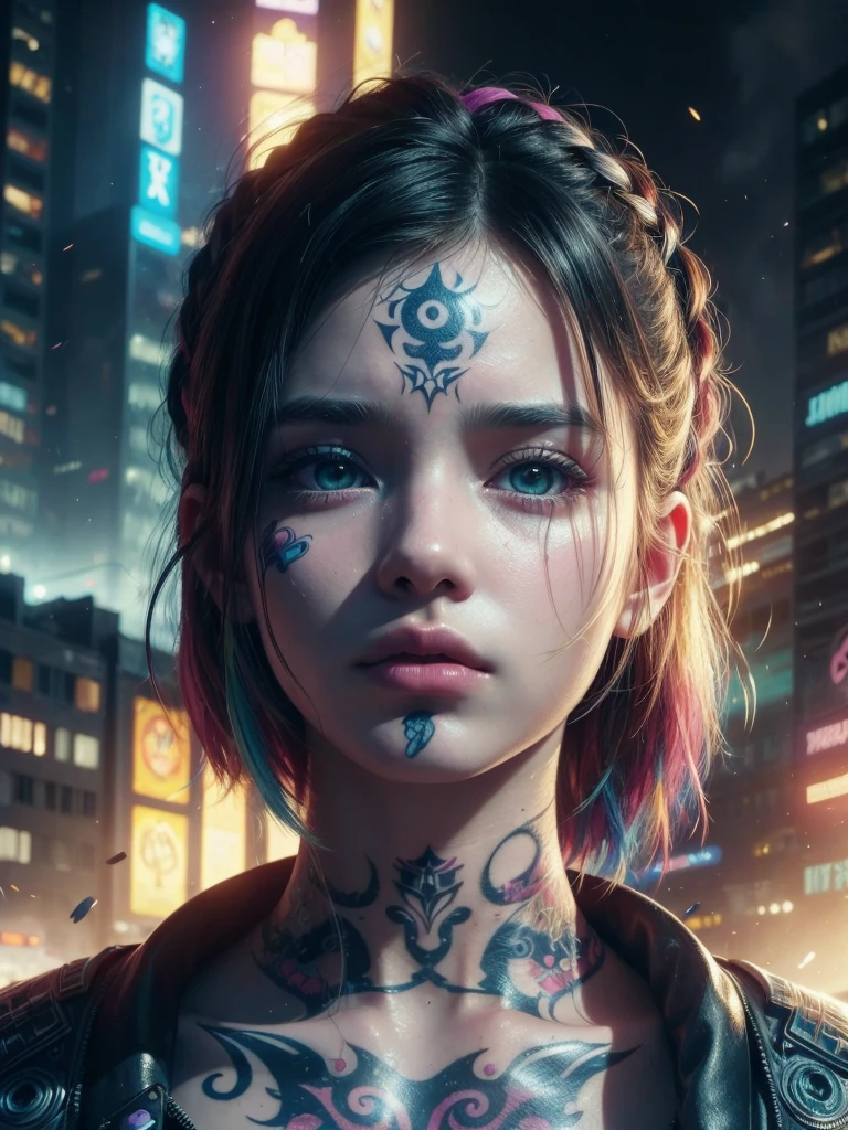 Hyperrealistic portrait of a 18 year old girl with intense gaze, intricate facial tattoos, colorful hair, and vibrant lighting. Set against a dystopian cityscape background, reminiscent of cyberpunk art. Masterpiece digital artwork by Greg Rutkowsky and Hayao Miyazaki.